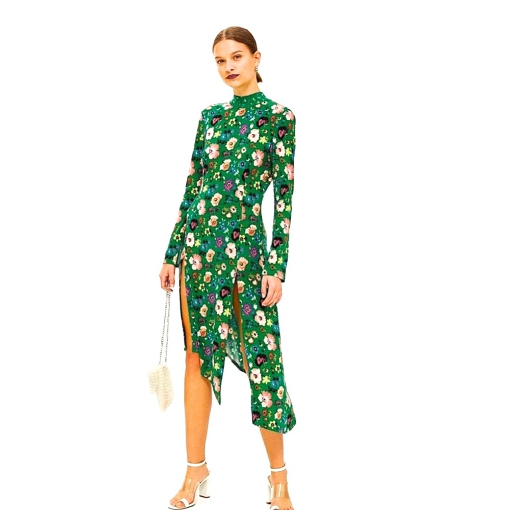 Topshop vibrant Green floral Long Sleeve maxi dress Mack neck